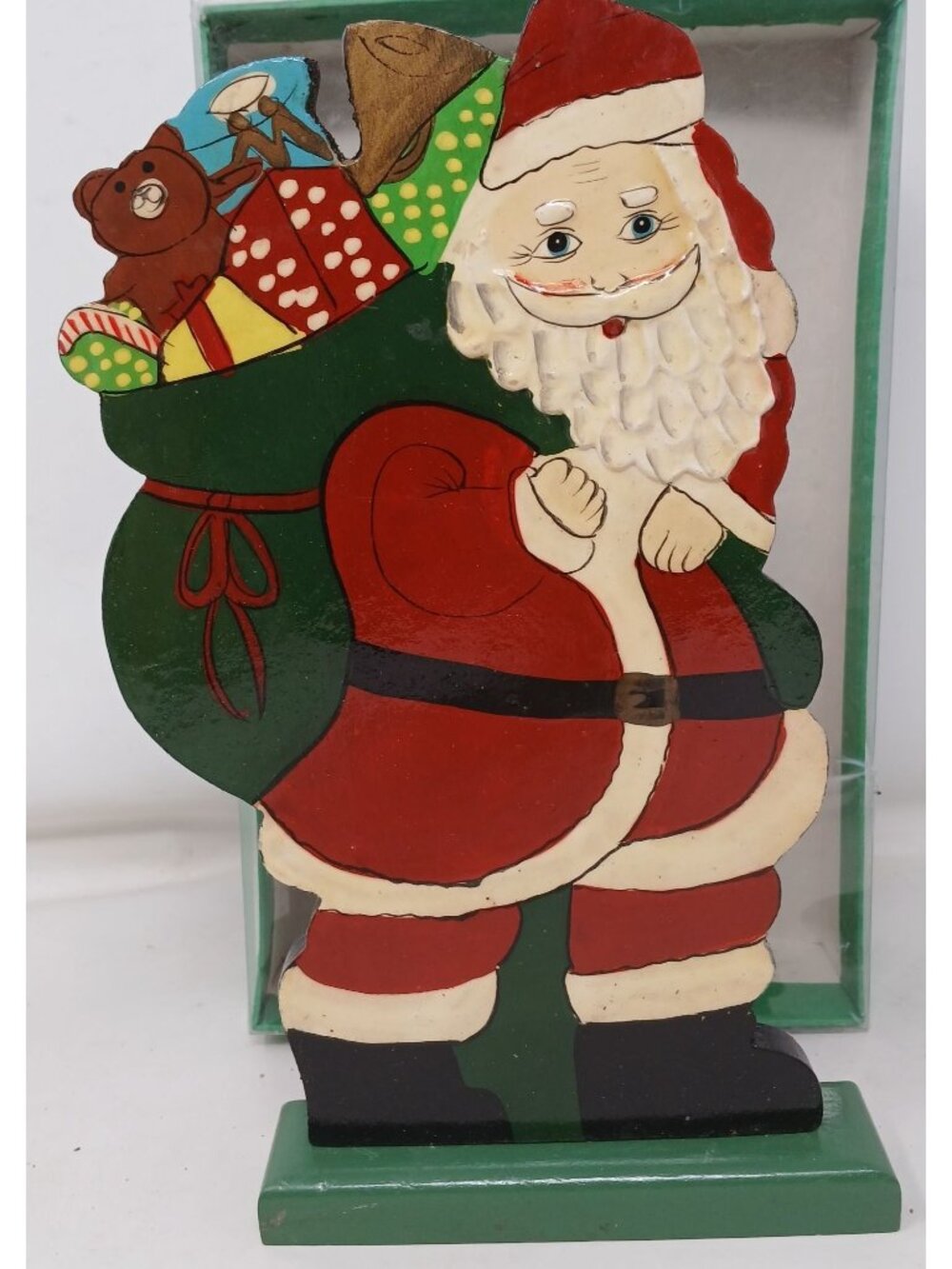 Vintage  Wooden Santa Claus Figurine w/ Gift Sack 9.25" Tall Hand Painted #I-2